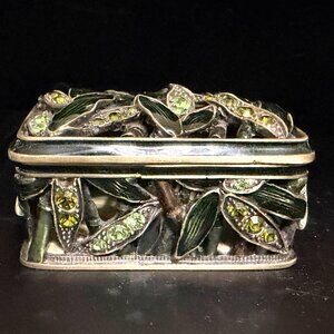 Artisan Jeweled Metal Trinket Box Green Enamel Leaves Crystal Accents A799